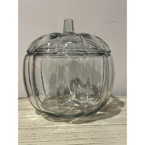 Vintage Clear Glass Pumpkin Candy Jar Halloween Fall Centerpiece Anchor Hocking